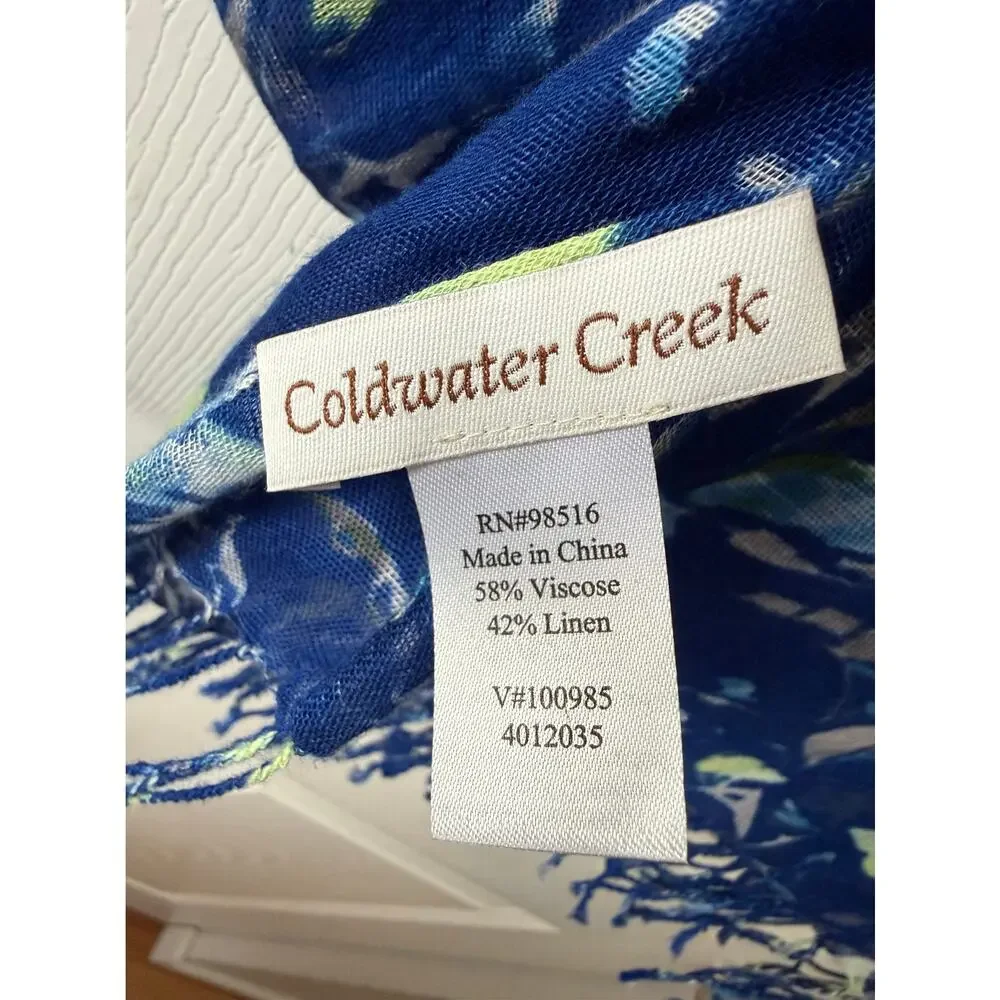 Coldwater Creek Blue Floral Linen Blend Scarf Wrap Fringe 27x 74 Coastal Boho